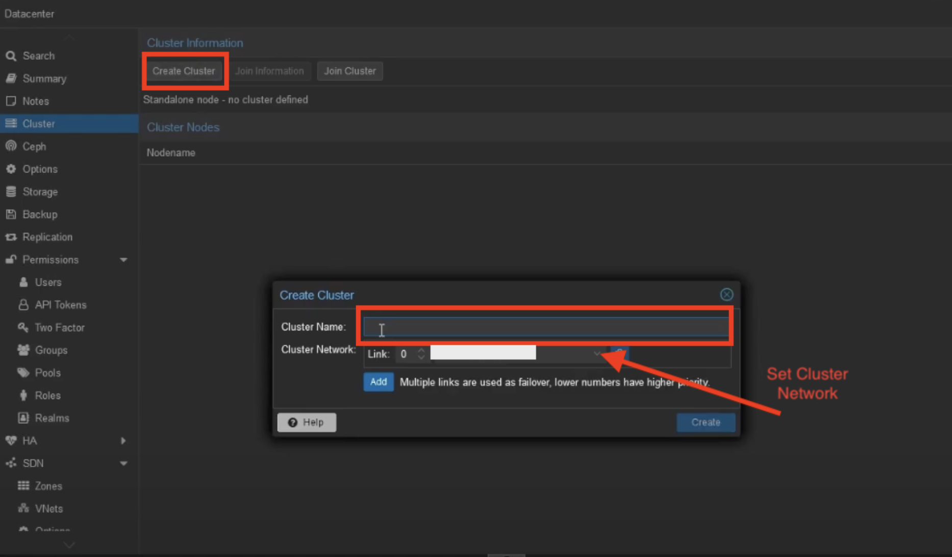 Screen showing create cluster Proxmox interface